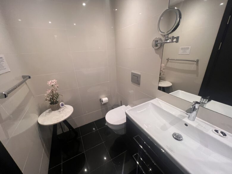 A modern bathroom with a white sink and countertop on the right, equipped with a mirror and a mounted circular magnifying mirror. The toilet is at the back with a toilet paper holder beside it. A small round table with a potted plant is on the left. The floor is black tile.